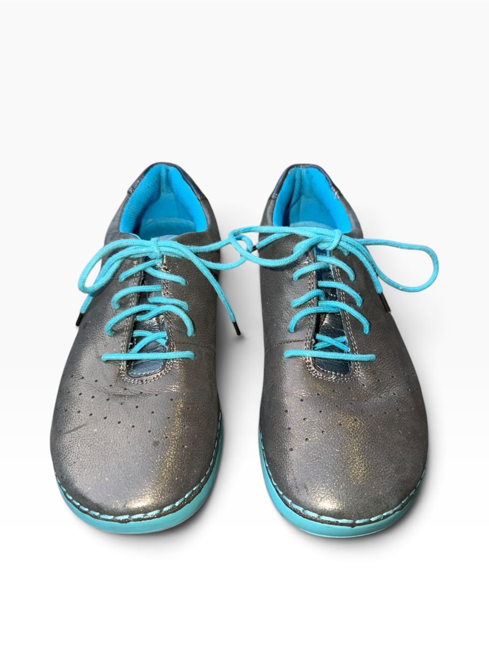 Alegria Metallic Pewter Blue Essence Lace Up Leather Easy Sneaker Shoes Size 36
